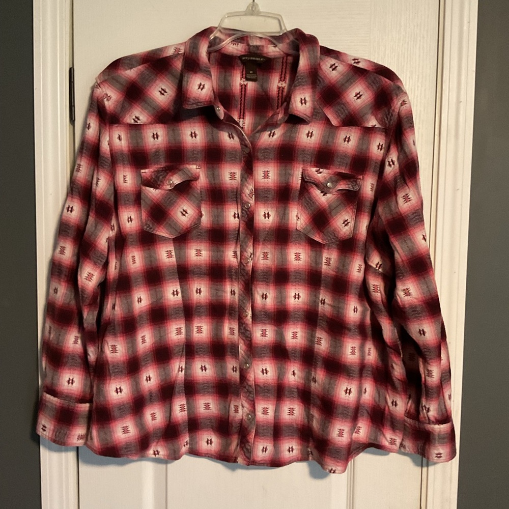 Bit and Bridle Flannel Shirt Women’s Sz 3X Maroon&Pink Plaid,Pearl Snaps Western